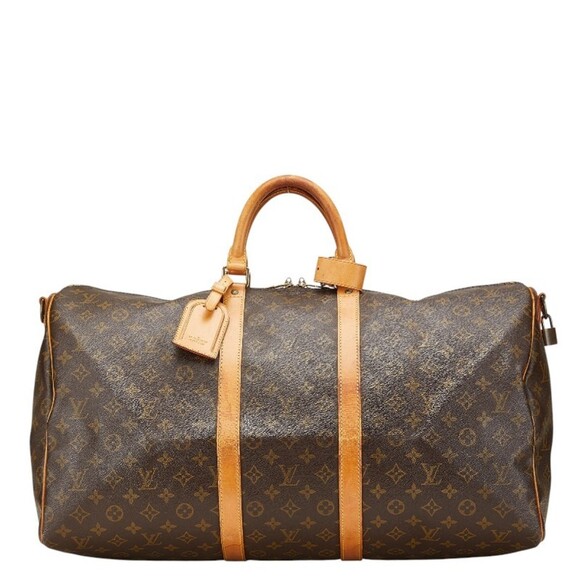 LOUIS VUITTON Brown Monogram Leather Keepall Bandouliere 55 Boston Bag